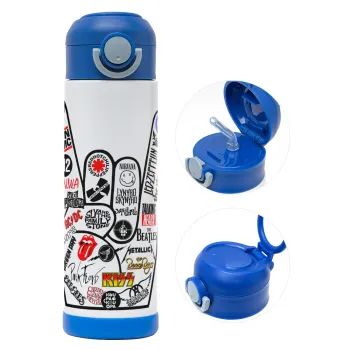 Best Rock Bands hand, Children's hot water bottle, stainless steel, with safety straw, BLUE (500ml)
