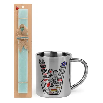 Best Rock Bands hand, Easter Set, metallic thermal cup (300ml) & aromatic flat Easter candle (30cm) (TURQUOISE)