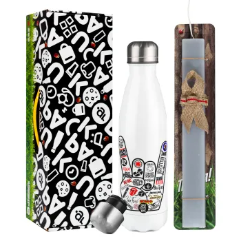 Best Rock Bands hand, Πασχαλινή Λαμπάδα με μεταλλικό παγούρι θερμός λευκός (500ml) & λαμπάδα αρωματική πλακέ (30cm) (ΓΚΡΙ)