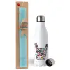 Easter Set, metallic stainless steel water bottle (750ml) & aromatic flat Easter candle (30cm) (TURQUOISE)