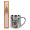 Easter Set, metallic thermal cup (300ml) & aromatic flat Easter candle (30cm) (PINK)
