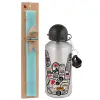 Easter Set, metallic silver aluminum water bottle (500ml) & scented flat Easter candle (30cm) (TURQUOISE)