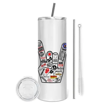 Best Rock Bands hand, Tumbler ποτήρι θερμό από ανοξείδωτο ατσάλι 600ml, με μεταλλικό καλαμάκι & βούρτσα καθαρισμού