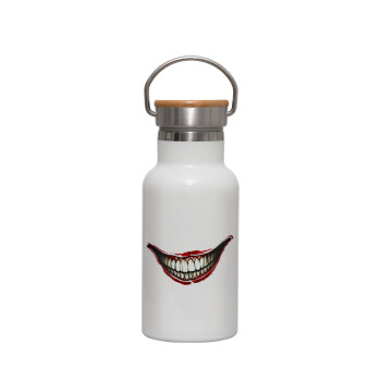 Joker smile, Metallic thermos (Stainless steel) White with wooden lid (bamboo), double-walled, 350ml