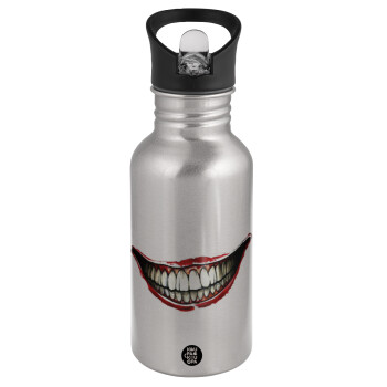 Joker smile, Water bottle Silver with straw, stainless steel 500ml