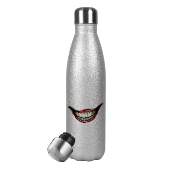 Joker smile, Μεταλλικό παγούρι θερμός Glitter Aσημένιο (Stainless steel), διπλού τοιχώματος, 500ml