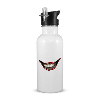 Joker smile, White water bottle with straw, stainless steel 600ml