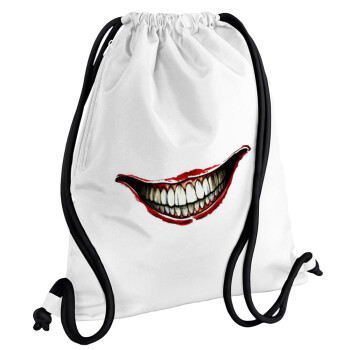 Joker smile, Backpack pouch GYMBAG white, with pocket (40x48cm) & thick cords