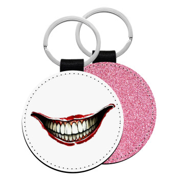 Joker smile, Μπρελόκ Δερματίνη, στρογγυλό ΡΟΖ (5cm)