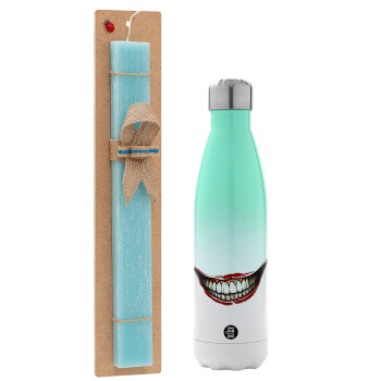 Joker smile, Easter Set, Metallic green/white thermos (Stainless steel), double-walled, 500ml & scented flat Easter candle (30cm) (TURQUOISE)
