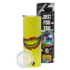 Neon Yellow Travel Tumbler θερμό, μεταλλικό καλαμάκι(Ανωξείδωτο 304 Food grade, BPA free, 600ml)
