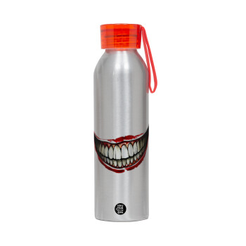 Joker smile, Αλουμινένιο Αθλητικό Μπουκάλι 650ml – Ασημί με Κόκκινο Καπάκι και Λουράκι Σιλικόνης
