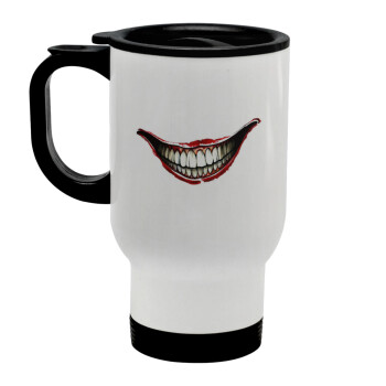 Joker smile, Κούπα ταξιδιού ανοξείδωτη με καπάκι, διπλού τοιχώματος (θερμό) λευκή 450ml