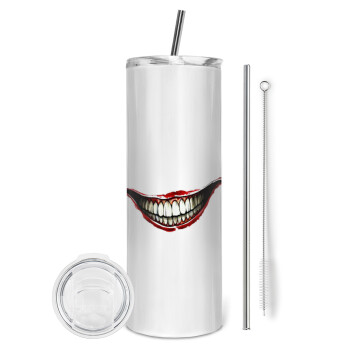 Joker smile, Tumbler ποτήρι θερμό από ανοξείδωτο ατσάλι 600ml, με μεταλλικό καλαμάκι & βούρτσα καθαρισμού