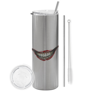 Joker smile, Eco friendly ποτήρι θερμό Ασημένιο (tumbler) από ανοξείδωτο ατσάλι 600ml, με μεταλλικό καλαμάκι & βούρτσα καθαρισμού