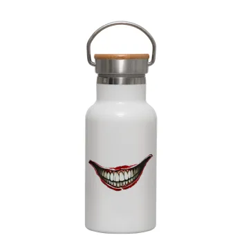 Joker smile, Metallic thermos (Stainless steel) White with wooden lid (bamboo), double-walled, 350ml