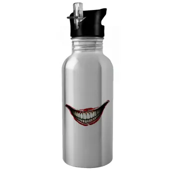 Joker smile, Water bottle Silver with straw, stainless steel 600ml