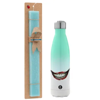 Joker smile, Easter Set, Metallic green/white thermos (Stainless steel), double-walled, 500ml & scented flat Easter candle (30cm) (TURQUOISE)