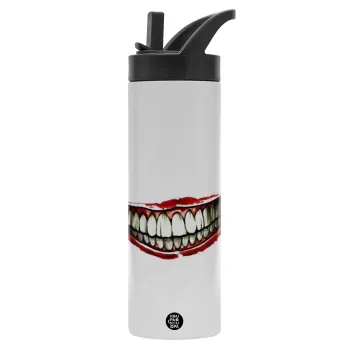 Joker smile, Metallic thermos bottle with straw & handle, stainless steel (Stainless steel 304), double-walled, 600ml.