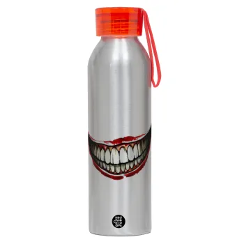 Joker smile, Αλουμινένιο Αθλητικό Μπουκάλι 650ml – Ασημί με Κόκκινο Καπάκι και Λουράκι Σιλικόνης