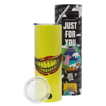 Joker smile, Neon Yellow Travel Tumbler θερμό, μεταλλικό καλαμάκι(Ανωξείδωτο 304 Food grade, BPA free, 600ml)