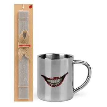 Joker smile, Πασχαλινή Λαμπάδα με μεταλλική κούπα θερμό (300ml) & κερί αρωματικό πλακέ (30cm) (ΓΚΡΙ)