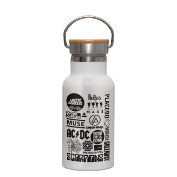 Best Rock Bands Collection, Metallic thermos (Stainless steel) White with wooden lid (bamboo), double-walled, 350ml