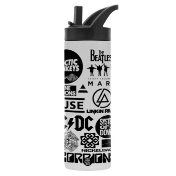 Best Rock Bands Collection, Metallic thermos bottle with straw & handle, stainless steel (Stainless steel 304), double-walled, 600ml.