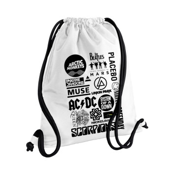 Best Rock Bands Collection, Backpack pouch GYMBAG white, with pocket (40x48cm) & thick cords