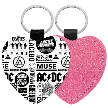Best Rock Bands Collection, Μπρελόκ PU δερμάτινο glitter καρδιά ΡΟΖ