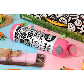 Best Rock Bands Collection, Πασχαλινή Λαμπάδα με Παιδικό παγούρι θερμό, ανοξείδωτο, με καλαμάκι ασφαλείας, ΡΟΖ (500ml)