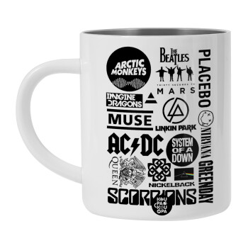 Best Rock Bands Collection, Λευκή Ανοξείδωτη Μεταλλική Κούπα 450ml - Διπλού Τοιχώματος 