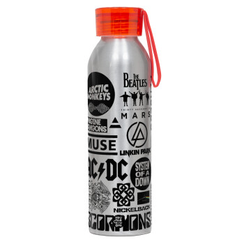 Best Rock Bands Collection, Αλουμινένιο Αθλητικό Μπουκάλι 650ml – Ασημί με Κόκκινο Καπάκι και Λουράκι Σιλικόνης
