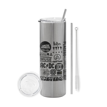 Best Rock Bands Collection, Eco friendly stainless steel Silver tumbler 600ml, with metal straw & cleaning brush