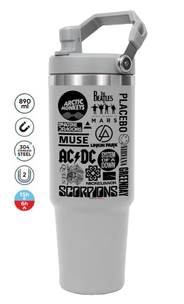 Best Rock Bands Collection — ΓΚΡΙ Travel Tumbler Θερμός με χερούλι και καλαμάκι 890ml