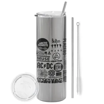 Best Rock Bands Collection, Tumbler ποτήρι θερμό Ασημένιο από ανοξείδωτο ατσάλι 600ml, με μεταλλικό καλαμάκι & βούρτσα καθαρισμού
