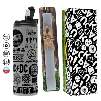 Best Rock Bands Collection, Easter candle with Grey Tumbler Thermo 600ml & aromatic flat candle (30cm) (GREY)