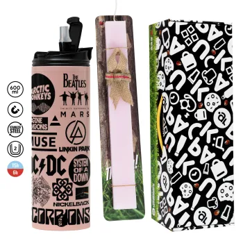 Best Rock Bands Collection, Easter candle,Travel Tumbler 2 Lids, with metal straw & cleaning brush & aromatic flat candle (30cm) (PINK)