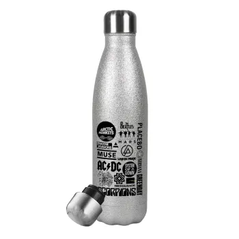 Best Rock Bands Collection, Μεταλλικό παγούρι θερμός Glitter Aσημένιο (Stainless steel), διπλού τοιχώματος, 500ml