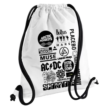 Best Rock Bands Collection, Τσάντα πλάτης πουγκί GYMBAG λευκή, με τσέπη (40x48cm) & χονδρά κορδόνια