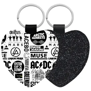 Best Rock Bands Collection, Μπρελόκ PU δερμάτινο glitter καρδιά ΜΑΥΡΟ