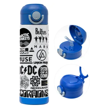 Best Rock Bands Collection, Children's hot water bottle, stainless steel, with safety straw, BLUE (500ml)