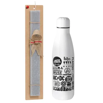 Best Rock Bands Collection, Easter Set, metallic stainless thermos bottle (500ml) & scented flat Easter candle (30cm) (GRAY)