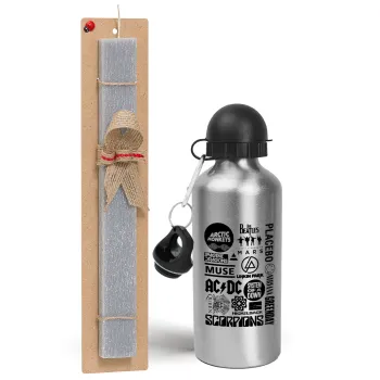 Best Rock Bands Collection, Easter Set, metallic silver aluminum water bottle (500ml) & aromatic flat Easter candle (30cm) (GRAY)