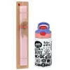 Easter Set, Children's thermal stainless steel water bottle with safety straw, pink/purple (350ml) & Easter scented flat candle (30cm) (PINK)