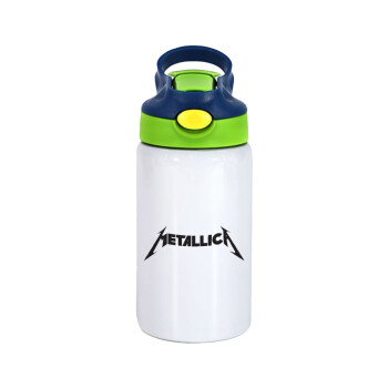 Metallica logo, Children's hot water bottle, stainless steel, with safety straw, green, blue (350ml)