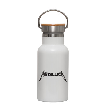 Metallica logo, Μεταλλικό παγούρι θερμός (Stainless steel) Λευκό με ξύλινο καπακι (bamboo), διπλού τοιχώματος, 350ml