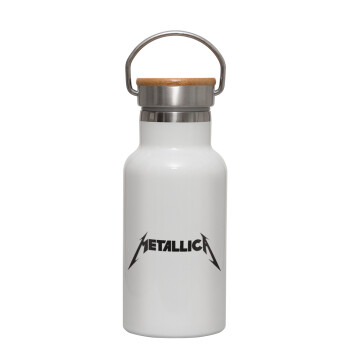 Metallica, Μεταλλικό παγούρι θερμός (Stainless steel) Λευκό με ξύλινο καπακι (bamboo), διπλού τοιχώματος, 350ml