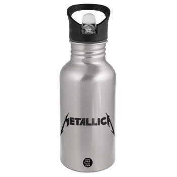 Metallica logo, Παγούρι νερού Ασημένιο με καλαμάκι, ανοξείδωτο ατσάλι 500ml