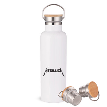 Metallica logo, Μεταλλικό παγούρι θερμός (Stainless steel) Λευκό με ξύλινο καπακι (bamboo), διπλού τοιχώματος, 750ml